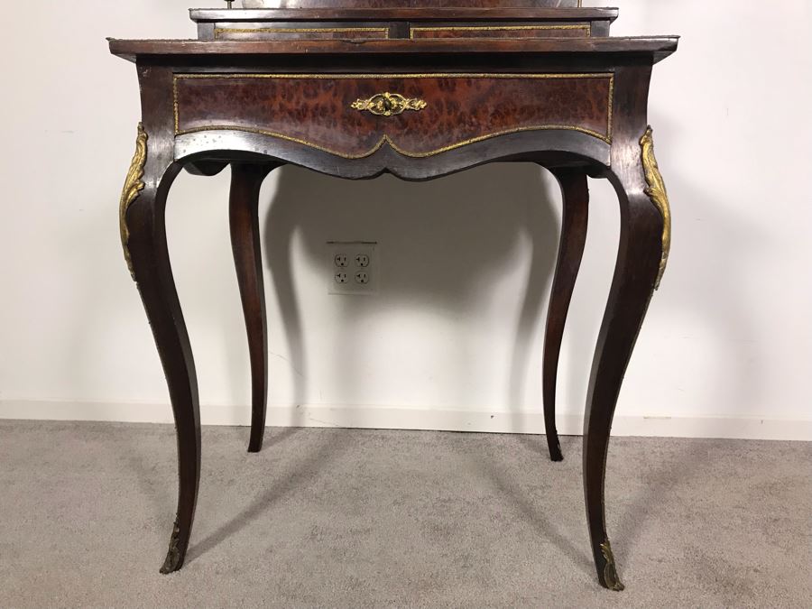 Stunning Antique French 3-Drawer Ormolu Mounted Writing Desk Stand With Shelving 28W X 20D X 49H  [Photo 8]