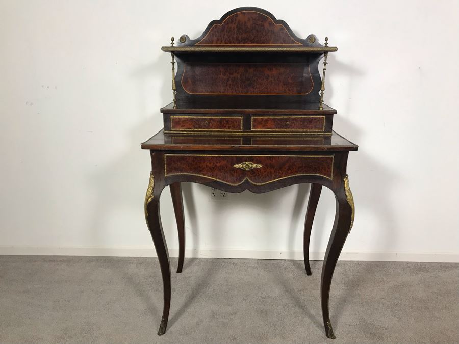 Stunning Antique French 3-Drawer Ormolu Mounted Writing Desk Stand With Shelving 28W X 20D X 49H  [Photo 5]