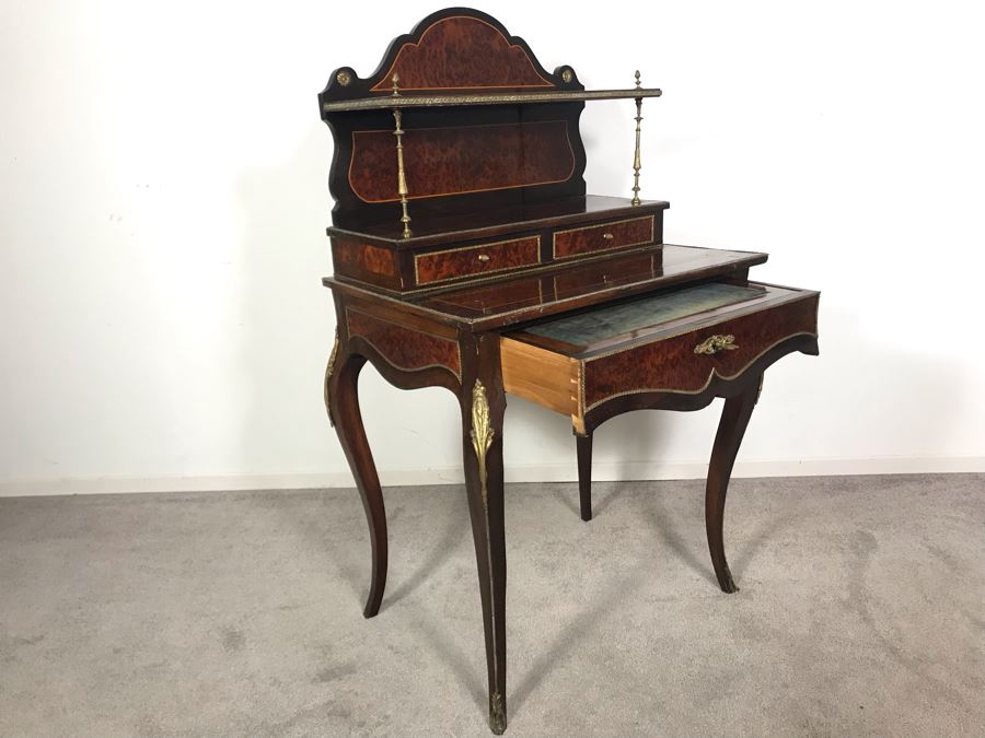 Stunning Antique French 3-Drawer Ormolu Mounted Writing Desk Stand With Shelving 28W X 20D X 49H  [Photo 2]