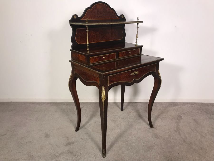 Stunning Antique French 3-Drawer Ormolu Mounted Writing Desk Stand With Shelving 28W X 20D X 49H  [Photo 4]