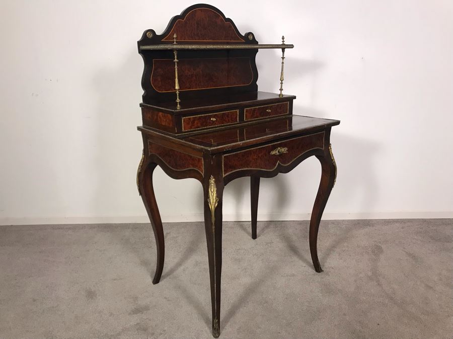 Stunning Antique French 3-Drawer Ormolu Mounted Writing Desk Stand With Shelving 28W X 20D X 49H  [Photo 23]