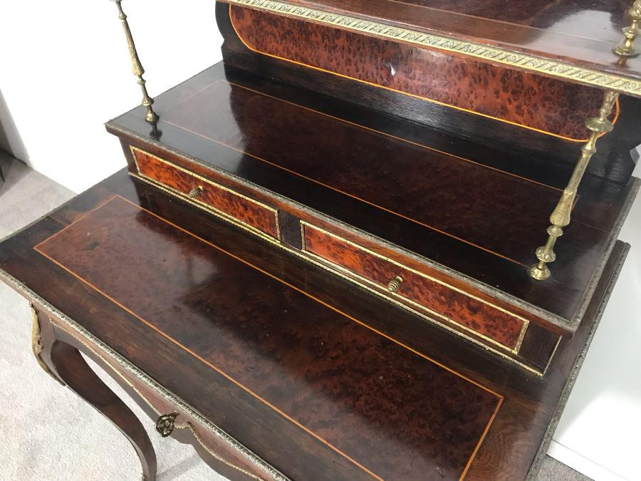Stunning Antique French 3-Drawer Ormolu Mounted Writing Desk Stand With Shelving 28W X 20D X 49H  [Photo 10]