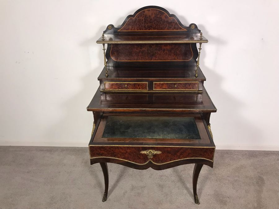 Stunning Antique French 3-Drawer Ormolu Mounted Writing Desk Stand With Shelving 28W X 20D X 49H  [Photo 14]