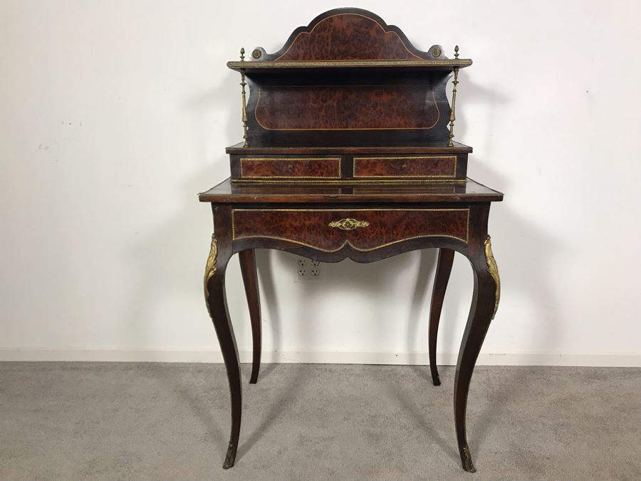 Stunning Antique French 3-Drawer Ormolu Mounted Writing Desk Stand With Shelving 28W X 20D X 49H  [Photo 6]
