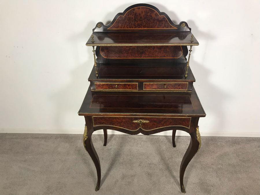 Stunning Antique French 3-Drawer Ormolu Mounted Writing Desk Stand With Shelving 28W X 20D X 49H  [Photo 7]