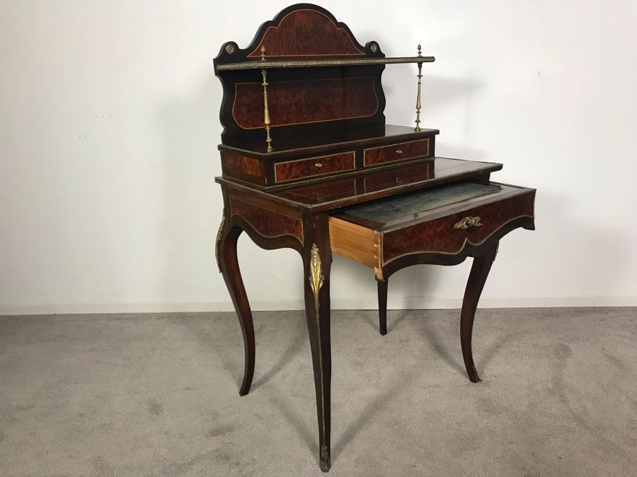 Stunning Antique French 3-Drawer Ormolu Mounted Writing Desk Stand With Shelving 28W X 20D X 49H  [Photo 3]