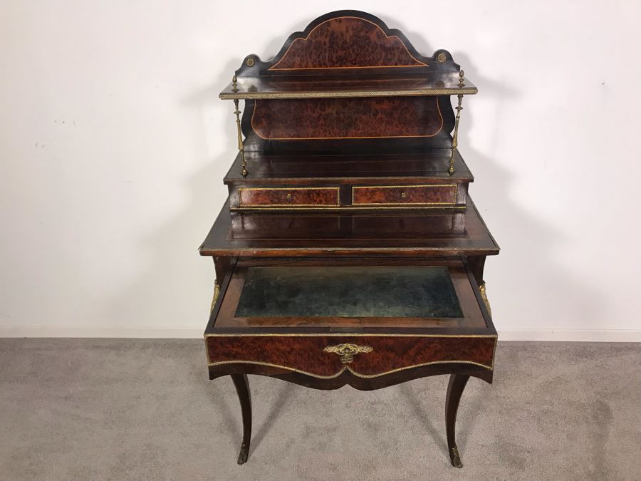 Stunning Antique French 3-Drawer Ormolu Mounted Writing Desk Stand With Shelving 28W X 20D X 49H  [Photo 15]