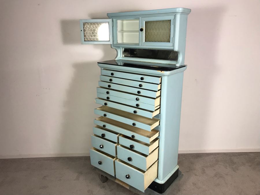 Early 20th Century Antique 15-Drawer Dental Cabinet Metal Drawers With Wooden Frame 30.5W X 13.5D X 61H [Photo 9]