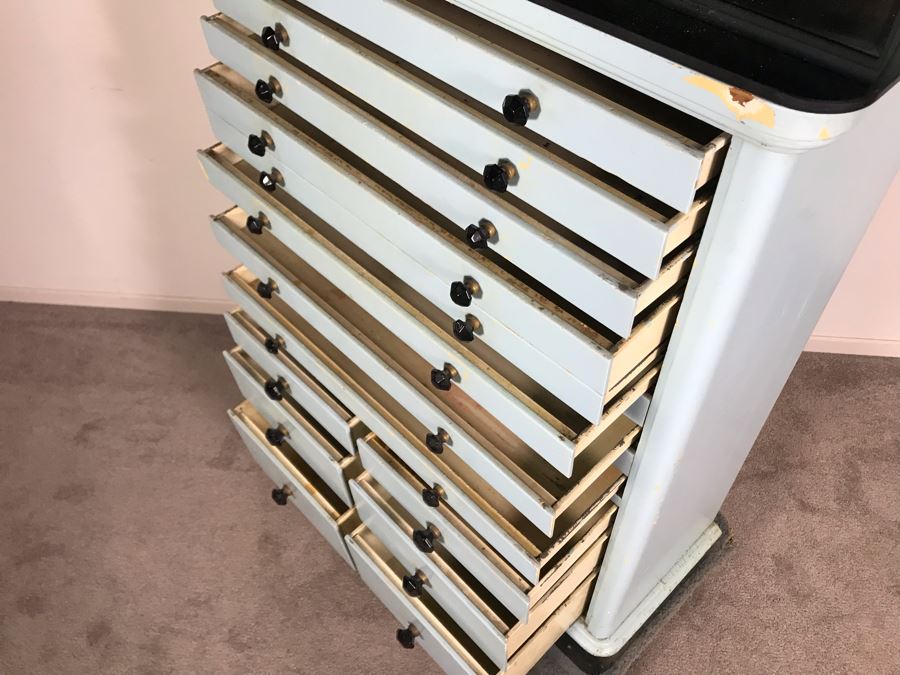 Early 20th Century Antique 15-Drawer Dental Cabinet Metal Drawers With Wooden Frame 30.5W X 13.5D X 61H [Photo 14]