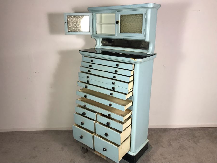 Early 20th Century Antique 15-Drawer Dental Cabinet Metal Drawers With Wooden Frame 30.5W X 13.5D X 61H [Photo 10]