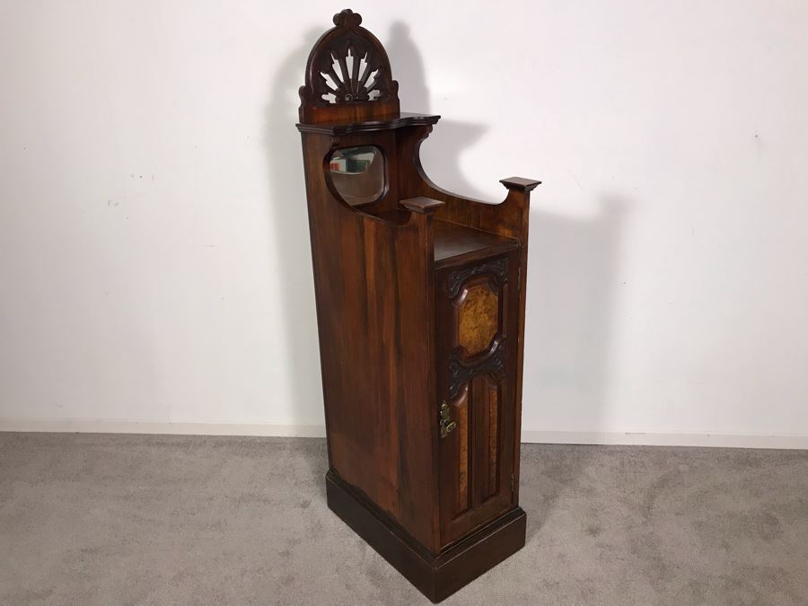 Unusual Wooden Cabinet Stand With Beveled Glass Mirror And Upper Shelf 12.5W X 19D X 53H [Photo 2]