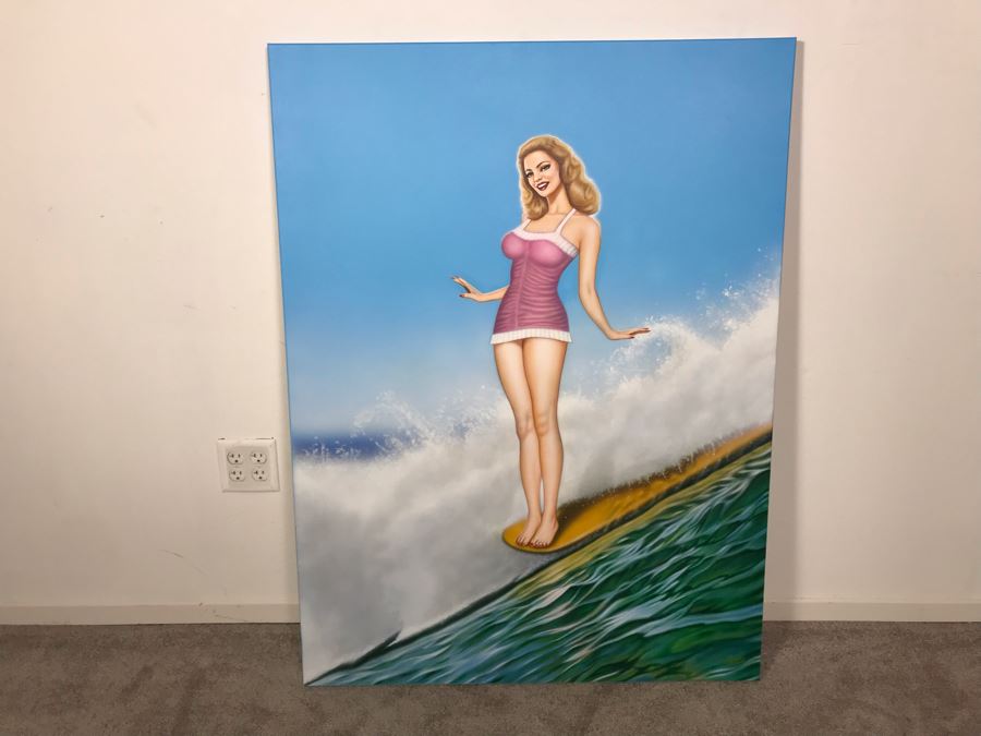 Large Original Carlos Cartagena Pin-Up Girl Riding Wave Toes On The Nose Acrylic Painting On Canvas June 2019 36 X 48 [Photo 14]