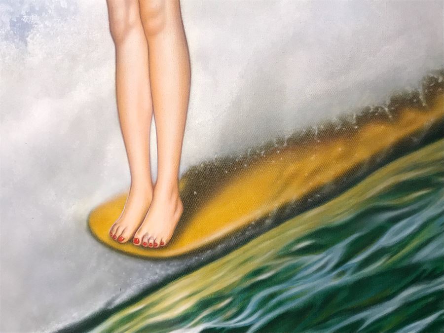 Large Original Carlos Cartagena Pin-Up Girl Riding Wave Toes On The Nose Acrylic Painting On Canvas June 2019 36 X 48 [Photo 8]