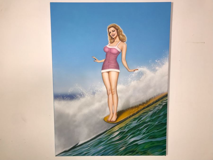 Large Original Carlos Cartagena Pin-Up Girl Riding Wave Toes On The Nose Acrylic Painting On Canvas June 2019 36 X 48 [Photo 3]
