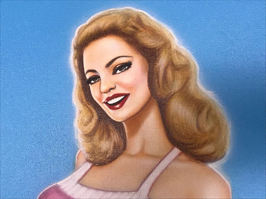Large Original Carlos Cartagena Pin-Up Girl Riding Wave Toes On The Nose Acrylic Painting On Canvas June 2019 36 X 48 [Photo 5]