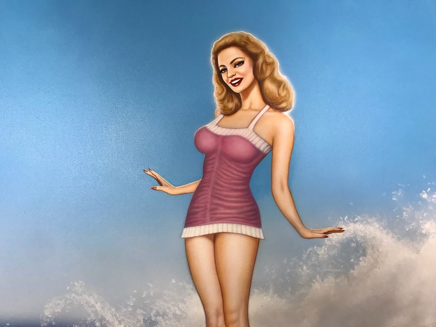 Large Original Carlos Cartagena Pin-Up Girl Riding Wave Toes On The Nose Acrylic Painting On Canvas June 2019 36 X 48 [Photo 4]