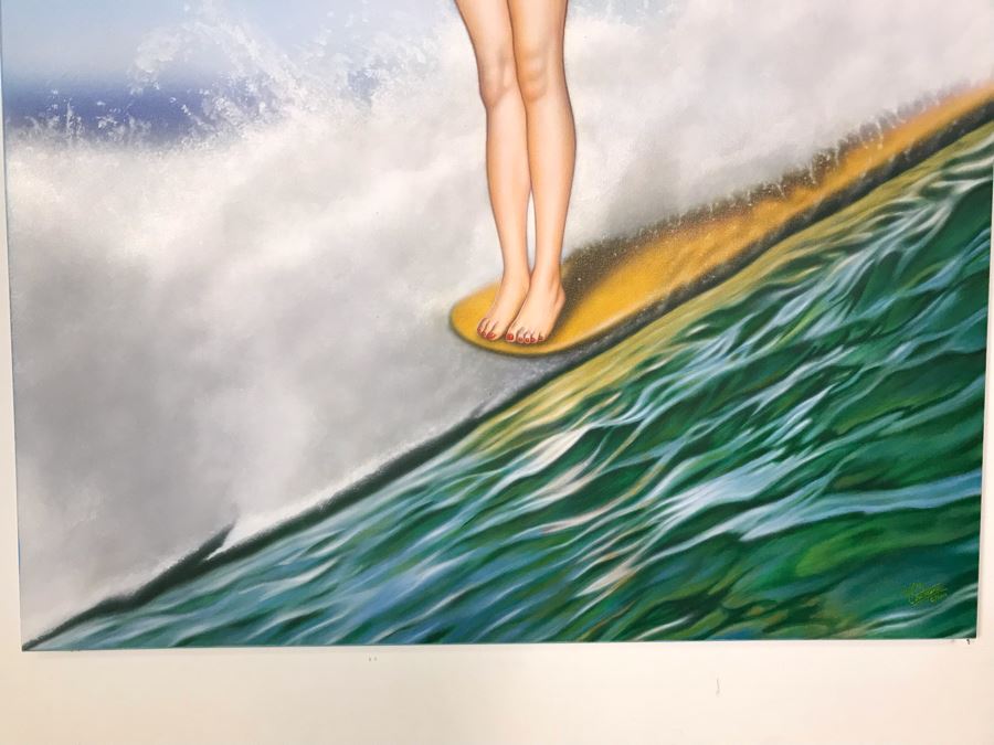 Large Original Carlos Cartagena Pin-Up Girl Riding Wave Toes On The Nose Acrylic Painting On Canvas June 2019 36 X 48 [Photo 9]