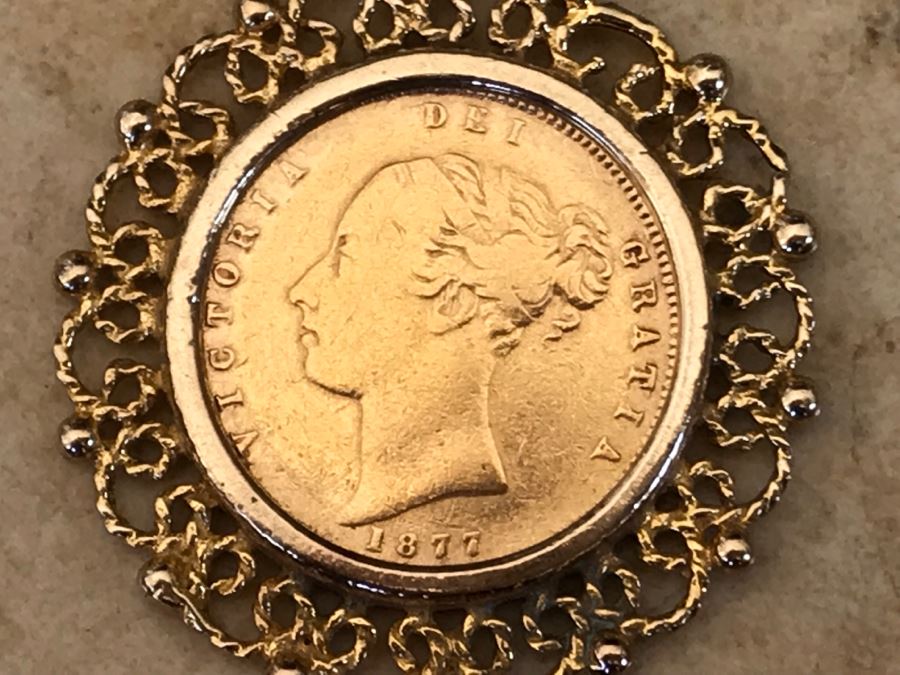 Antique 1877 Gold Coin United Kingdom Half Sovereign Die 40 Victoria Dei Gratia Coin Set In Stunning Tiffany & Co Gold Coin Bezel - Total Weight With Bezel 7.5g [Photo 5]