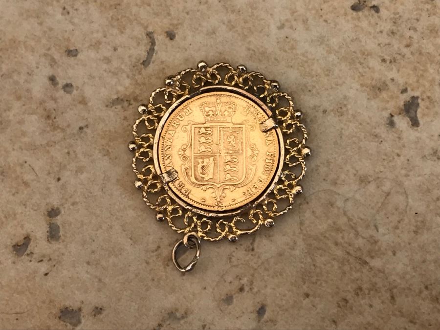 Antique 1877 Gold Coin United Kingdom Half Sovereign Die 40 Victoria Dei Gratia Coin Set In Stunning Tiffany & Co Gold Coin Bezel - Total Weight With Bezel 7.5g [Photo 10]