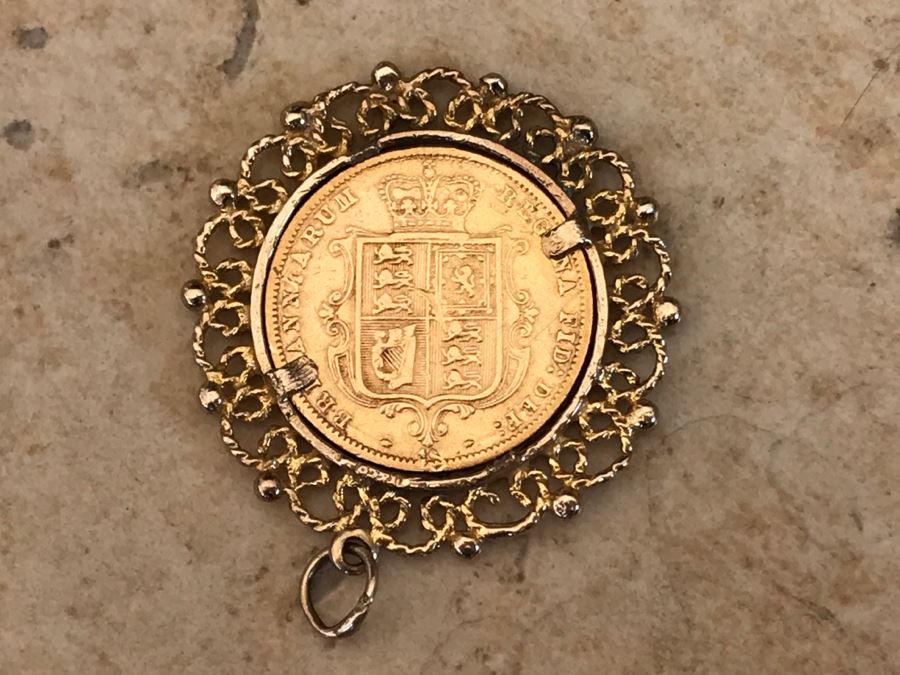 Antique 1877 Gold Coin United Kingdom Half Sovereign Die 40 Victoria Dei Gratia Coin Set In Stunning Tiffany & Co Gold Coin Bezel - Total Weight With Bezel 7.5g [Photo 8]