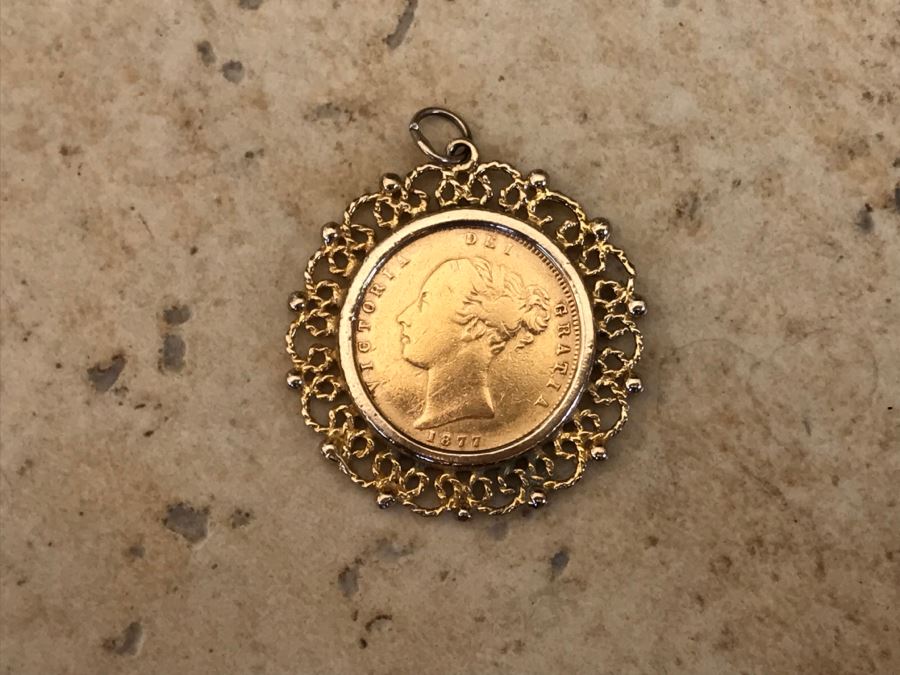 Antique 1877 Gold Coin United Kingdom Half Sovereign Die 40 Victoria Dei Gratia Coin Set In Stunning Tiffany & Co Gold Coin Bezel - Total Weight With Bezel 7.5g [Photo 2]