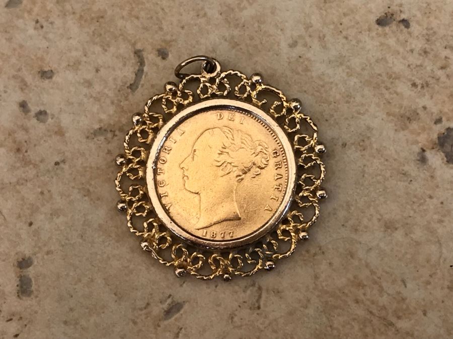 Antique 1877 Gold Coin United Kingdom Half Sovereign Die 40 Victoria Dei Gratia Coin Set In Stunning Tiffany & Co Gold Coin Bezel - Total Weight With Bezel 7.5g [Photo 12]