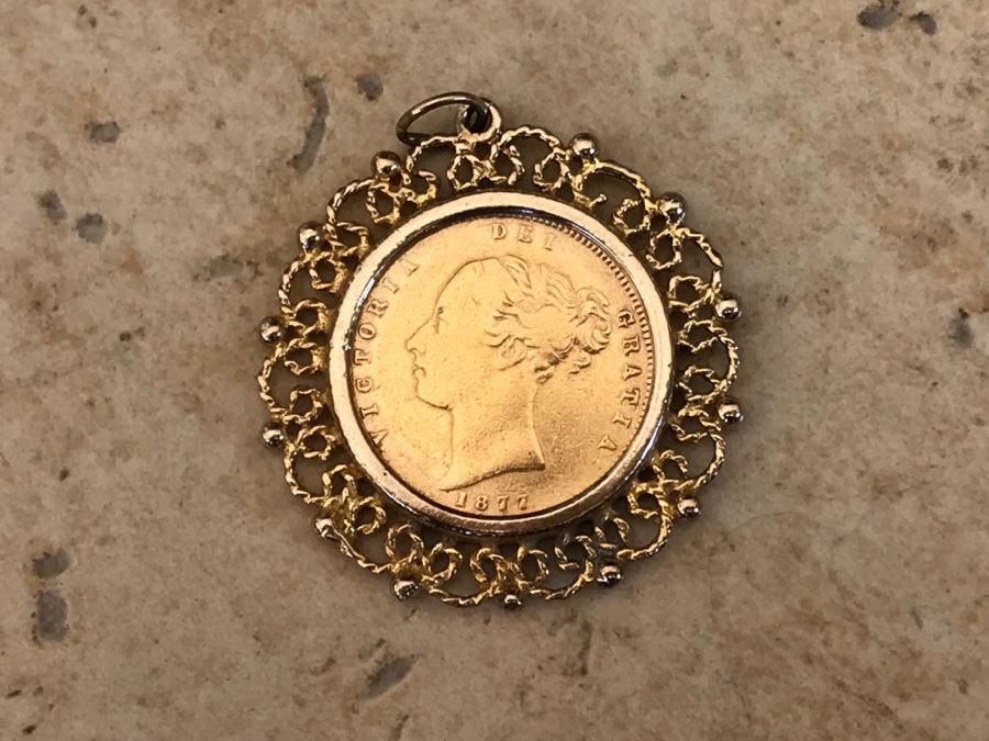 Antique 1877 Gold Coin United Kingdom Half Sovereign Die 40 Victoria Dei Gratia Coin Set In Stunning Tiffany & Co Gold Coin Bezel - Total Weight With Bezel 7.5g [Photo 11]