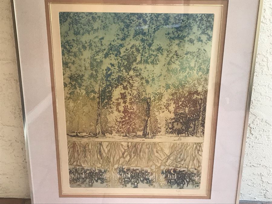 Vintage 1974 Limited Edition Hand Signed Etching By Maidy Morhous Titled 'Resurgence' Depicting Trees And Roots Framed 28 X 34