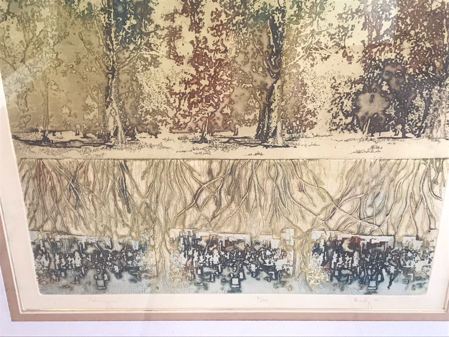 Vintage 1974 Limited Edition Hand Signed Etching By Maidy Morhous Titled 'Resurgence' Depicting Trees And Roots Framed 28 X 34 [Photo 3]