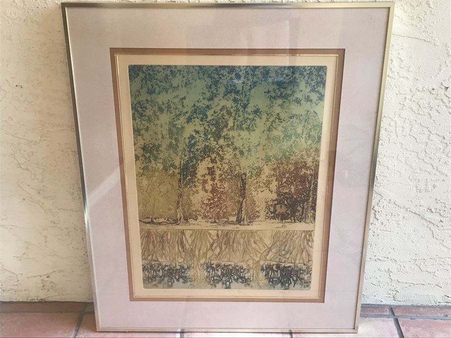 Vintage 1974 Limited Edition Hand Signed Etching By Maidy Morhous Titled 'Resurgence' Depicting Trees And Roots Framed 28 X 34 [Photo 2]