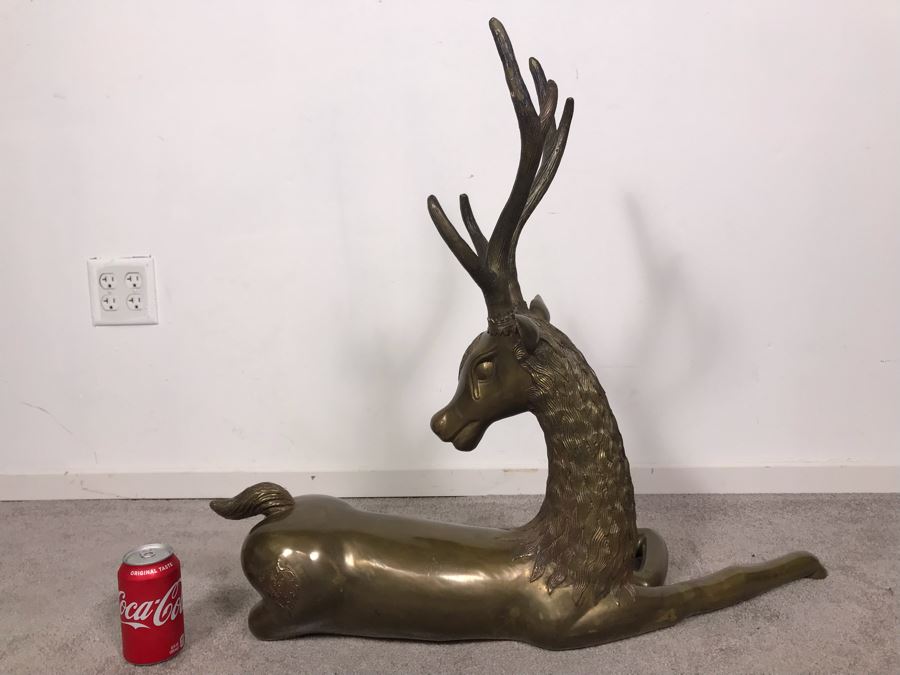 Large Vintage Brass Indian Deer Sculpture 31'W X 9'D X 27'H [Photo 17]