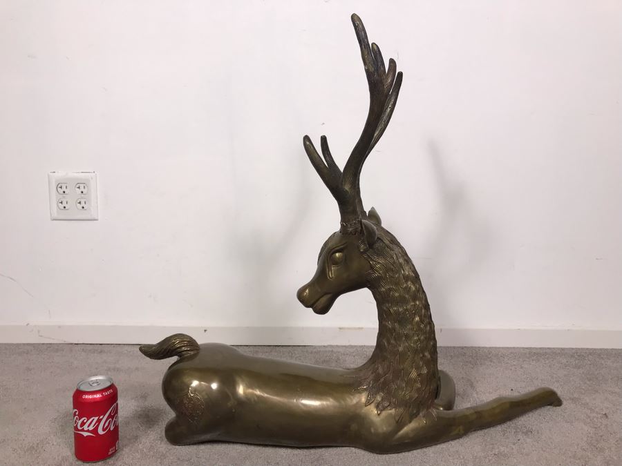 Large Vintage Brass Indian Deer Sculpture 31'W X 9'D X 27'H [Photo 16]