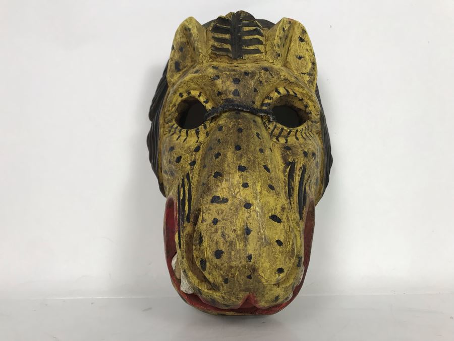 Vintage Hand Carved Hand Painted Mask From Guatemala 7'W X 10'H X 3.5'D