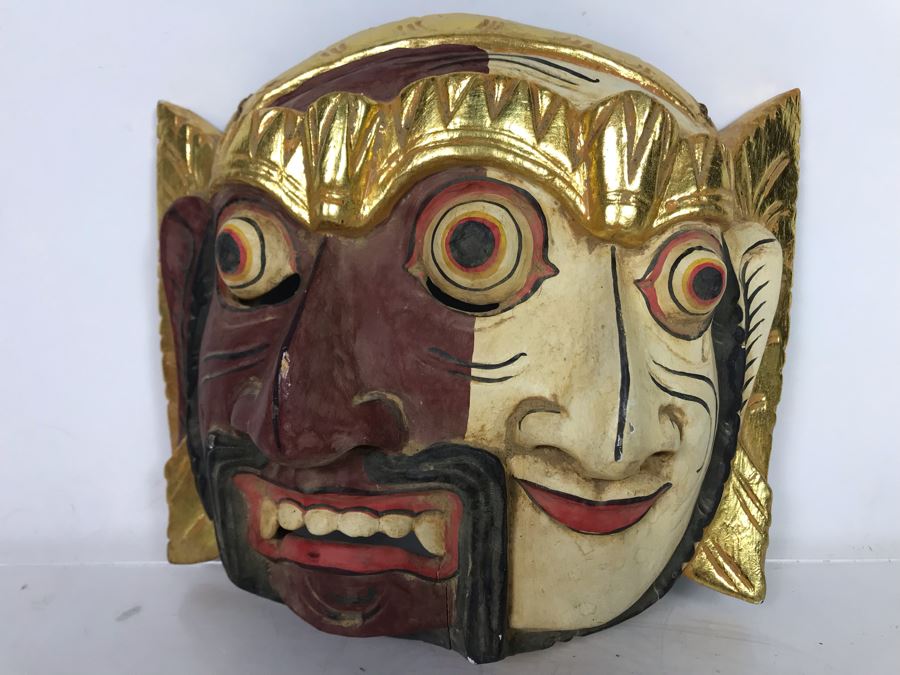 Vintage Hand Painted Wooden Two Face Balinese Mask 9'W X 8'H X 3'D [Photo 3]