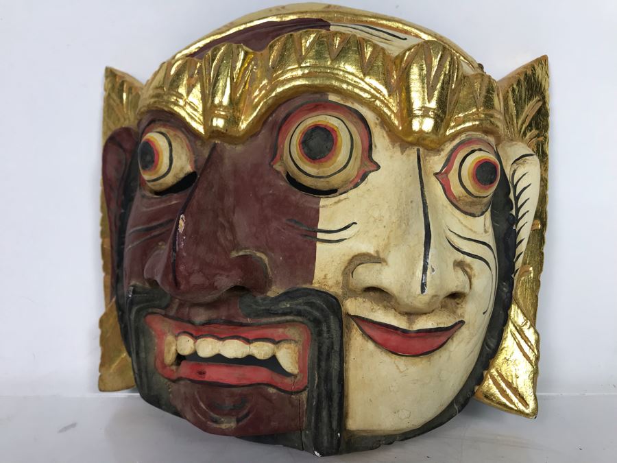 Vintage Hand Painted Wooden Two Face Balinese Mask 9'W X 8'H X 3'D [Photo 1]