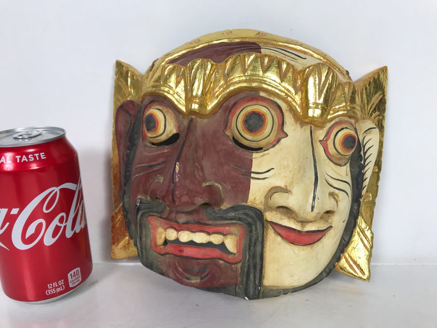 Vintage Hand Painted Wooden Two Face Balinese Mask 9'W X 8'H X 3'D [Photo 4]