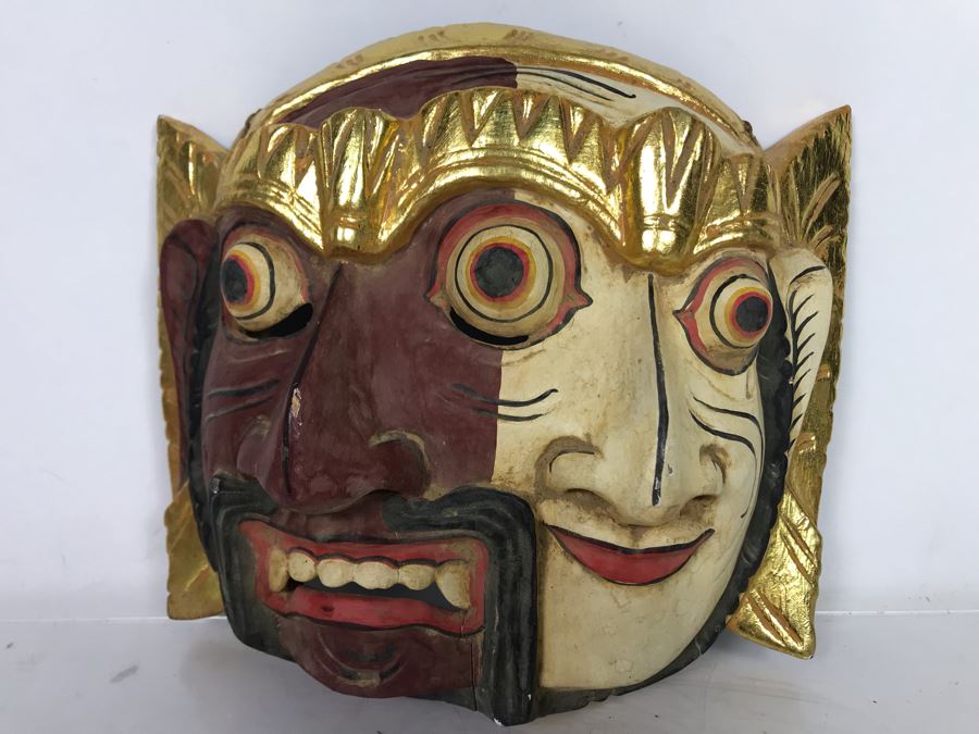 Vintage Hand Painted Wooden Two Face Balinese Mask 9'W X 8'H X 3'D [Photo 2]