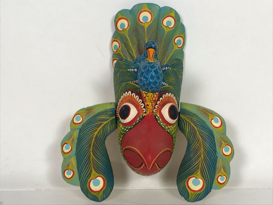 Vintage Hand Painted Wooden Relief Carved Peacock Wall Decor 6'W X 7'H X 2.5'D [Photo 2]