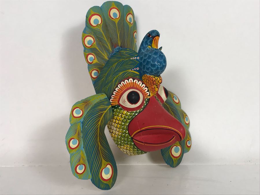 Vintage Hand Painted Wooden Relief Carved Peacock Wall Decor 6'W X 7'H X 2.5'D [Photo 4]