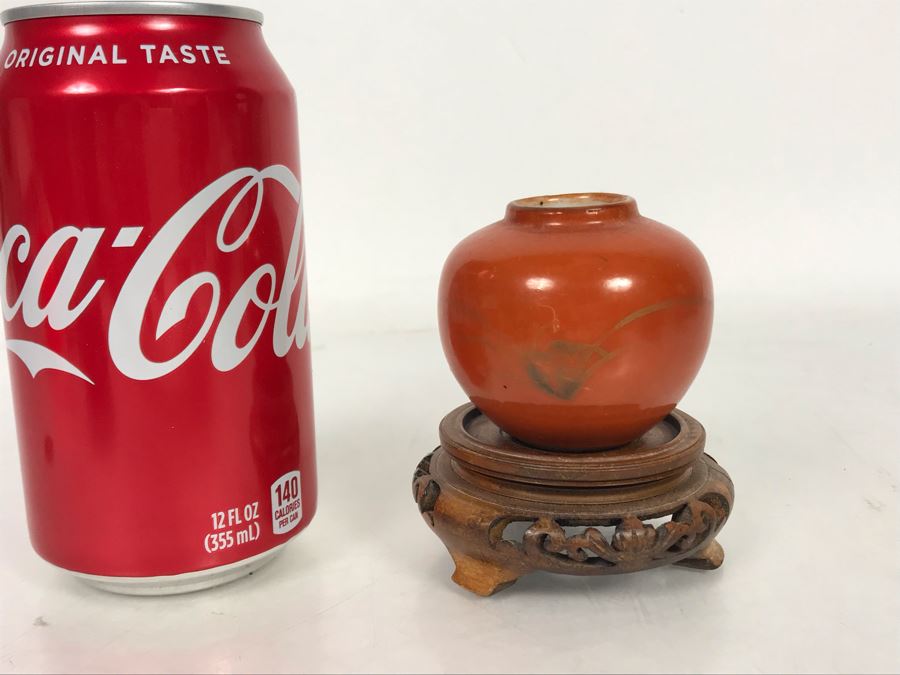 Small Old Asian Porcelain Pottery 2'H With Wooden Stand [Photo 9]