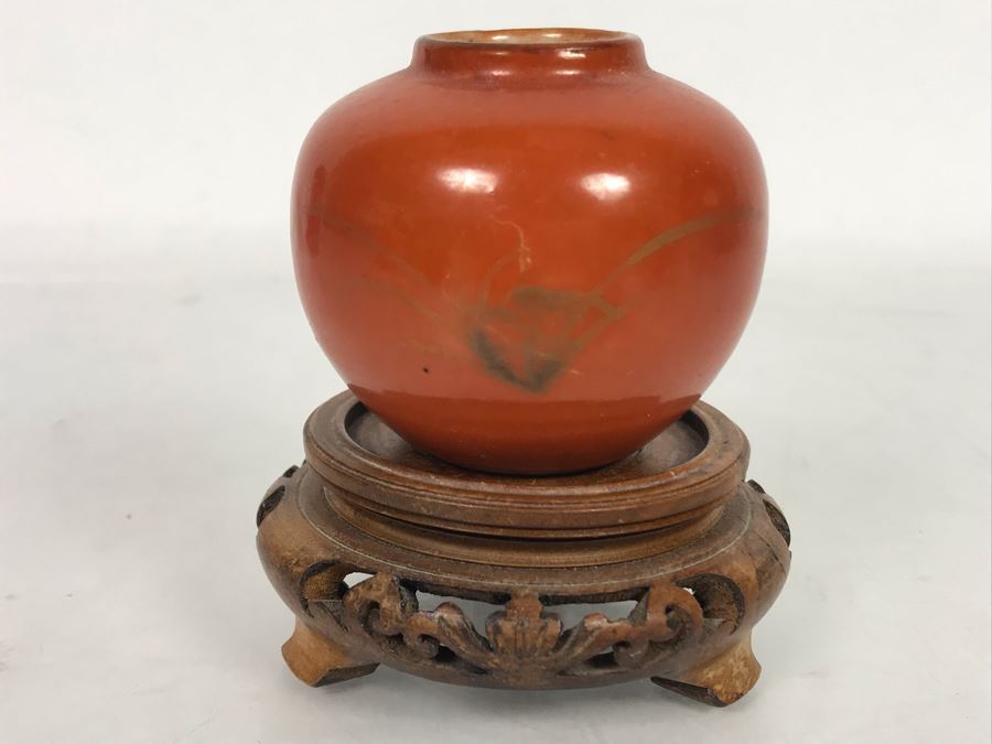 Small Old Asian Porcelain Pottery 2'H With Wooden Stand [Photo 1]