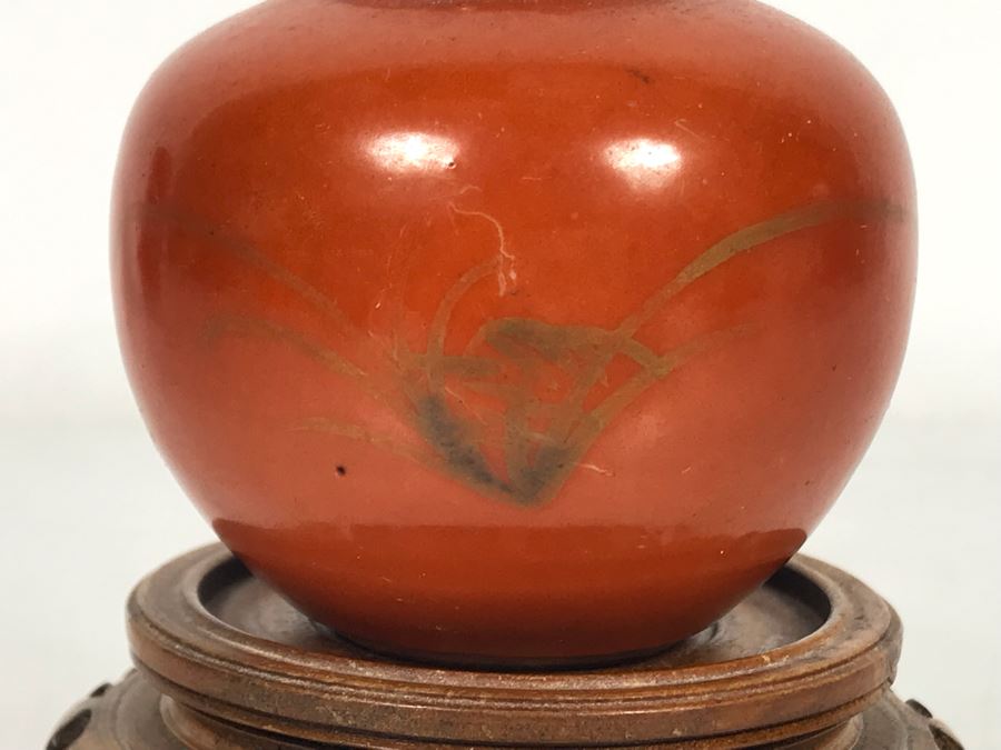 Small Old Asian Porcelain Pottery 2'H With Wooden Stand [Photo 3]