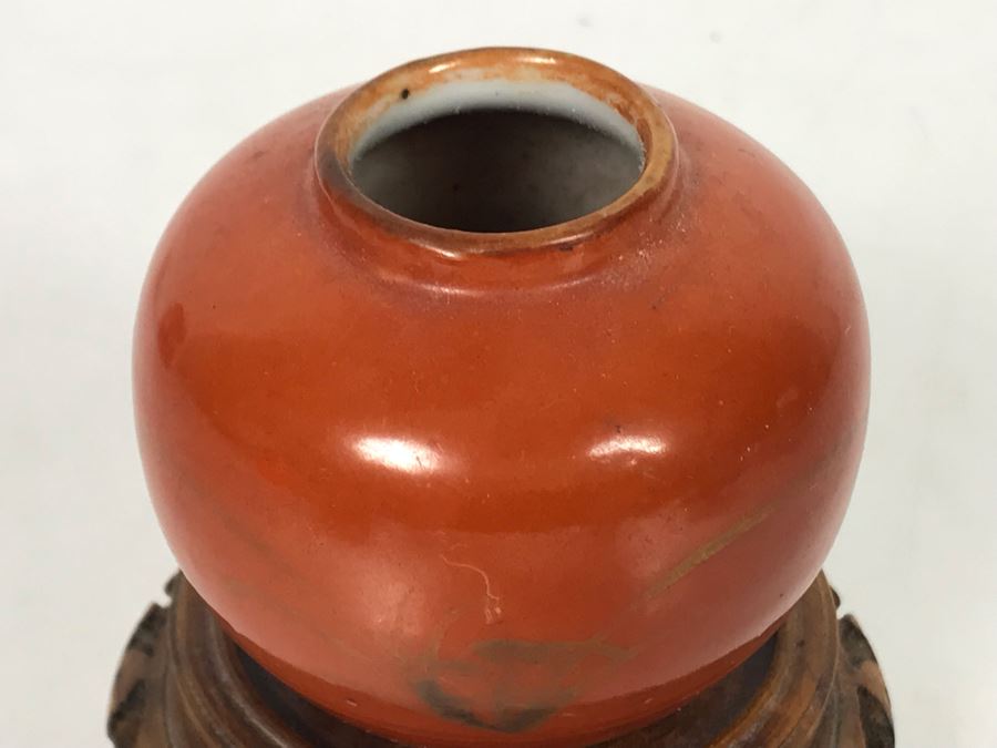 Small Old Asian Porcelain Pottery 2'H With Wooden Stand [Photo 4]