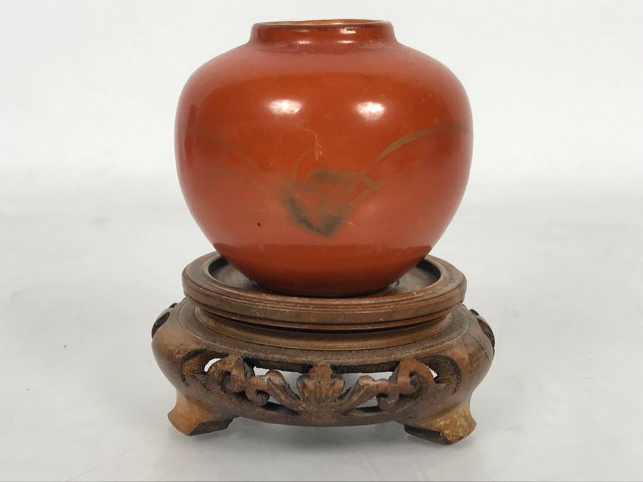 Small Old Asian Porcelain Pottery 2'H With Wooden Stand [Photo 5]