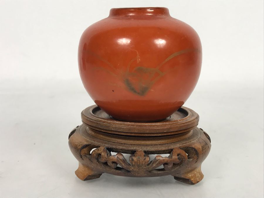 Small Old Asian Porcelain Pottery 2'H With Wooden Stand [Photo 2]