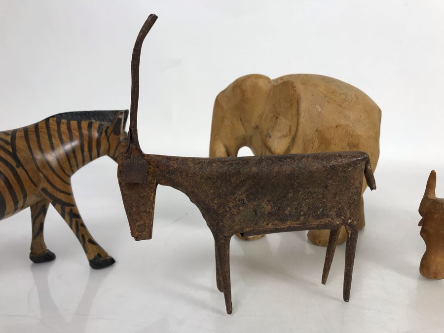 Collection Of African Animals (3 Carved Wooden Animals And One Metal Big Horn Sheep Sculpture) [Photo 3]
