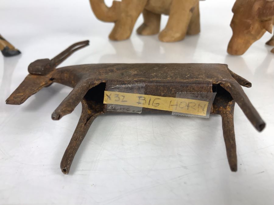 Collection Of African Animals (3 Carved Wooden Animals And One Metal Big Horn Sheep Sculpture) [Photo 5]