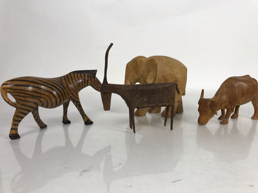 Collection Of African Animals (3 Carved Wooden Animals And One Metal Big Horn Sheep Sculpture)