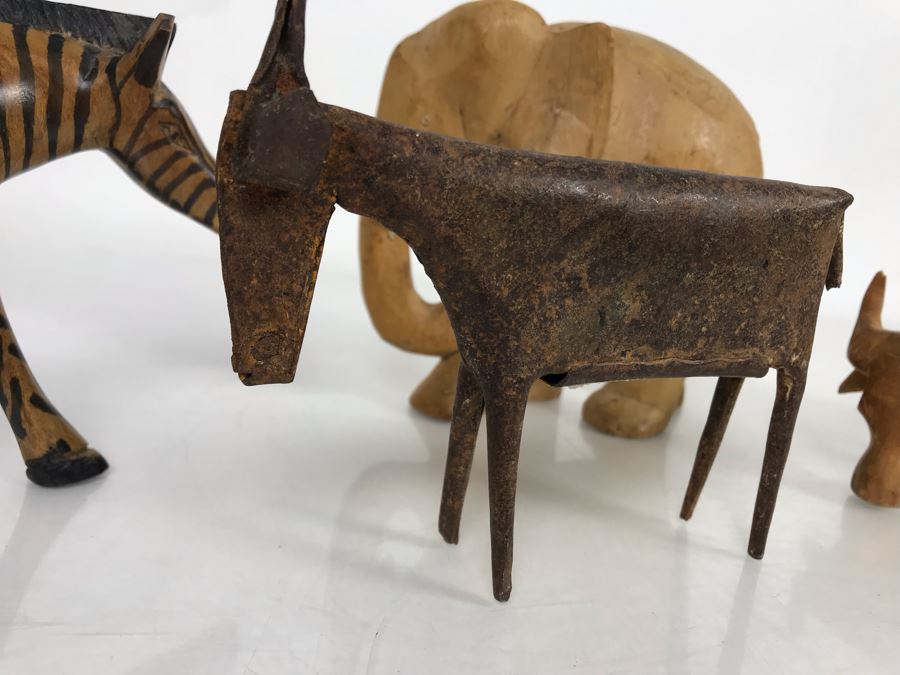 Collection Of African Animals (3 Carved Wooden Animals And One Metal Big Horn Sheep Sculpture) [Photo 4]