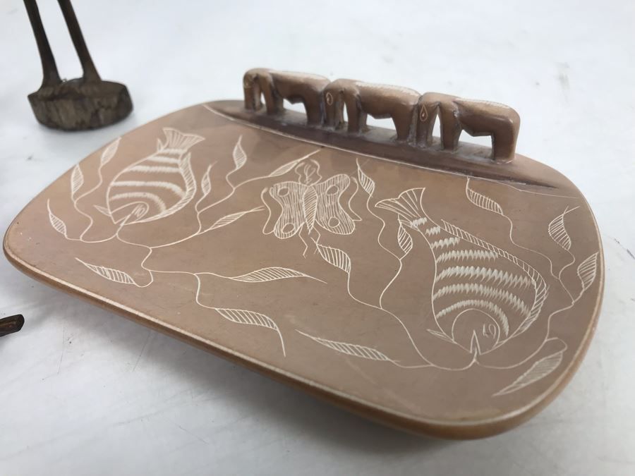 Collection Of African Wooden And Stone Sculptures Including African Fertility Figure Doll [Photo 15]